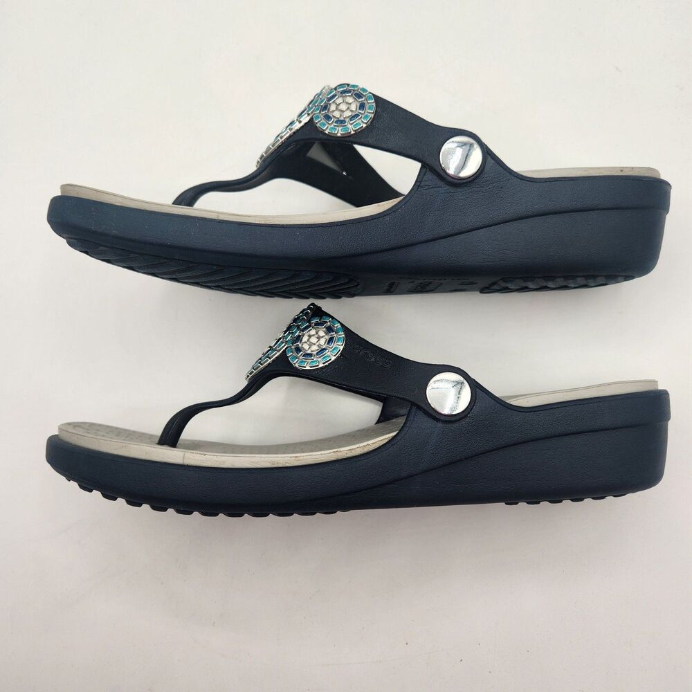 Crocs Sandals Blue Gray Sanrah Diamante Wedge Womens Size 7 Dual Comfort Mosaic - Picture 4 of 12